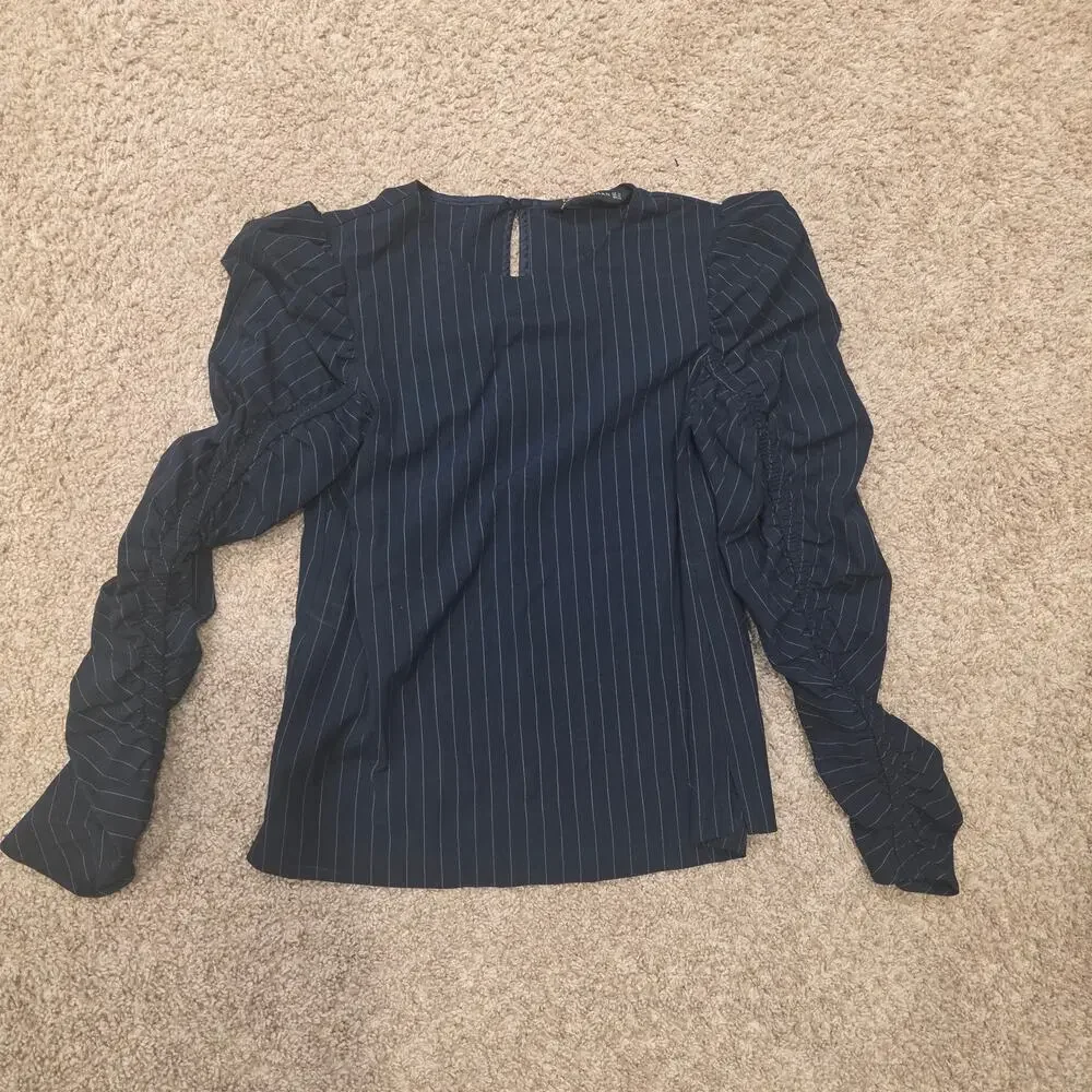 Zara Woman blue pinstripe ruched puff sleeve blouse sz XS